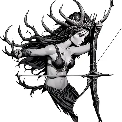 Artemis With An Antler Crown Wielding Her Bow And Arrow