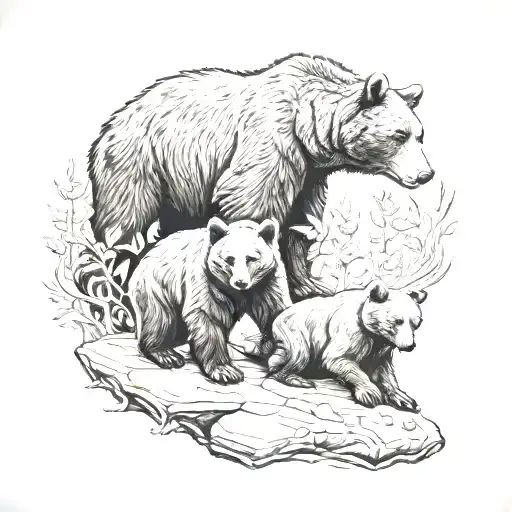Bear And 4 Cubs Playing