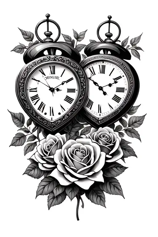 Two Heart Shaped Clocks With Date In Roman Numbers With Roses