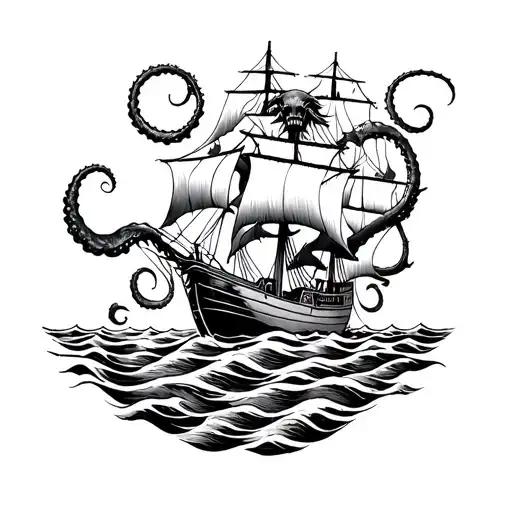 Kraken Under A Burning Ship Sailing Through A Sea