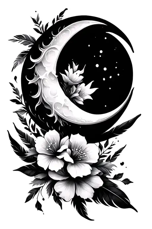 Crescent Moon With Feathers And Flowers