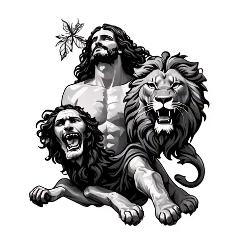 Jesus Holding Back A Lion Roaring