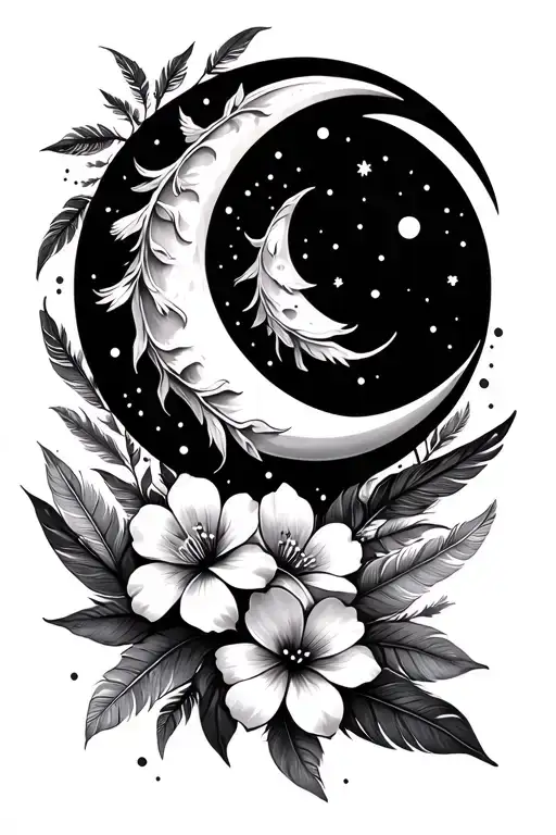 Crescent Moon With Feathers And Flowers With Fine Lines