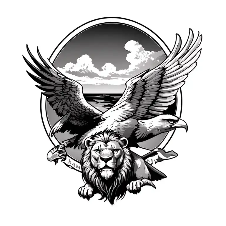 Eagle With Open Wings And A Lion Below