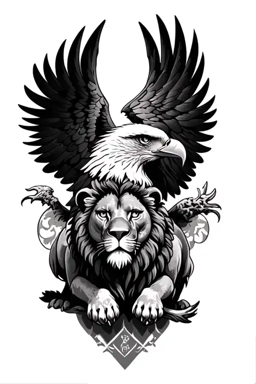 Eagle With Open Wings And A Lion Below