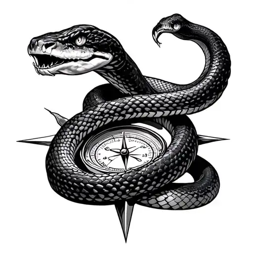 Snake Wrapped Around A Compass Aggressively Striking