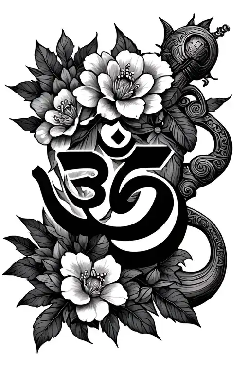 Night Jasmine Flowers Crowning A Stylised Om And Hanuman's Mace
