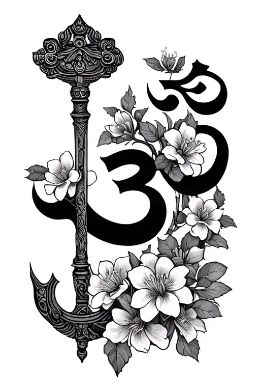 Night Jasmine Flowers Crowning A Stylised Om And Hanuman's Mace