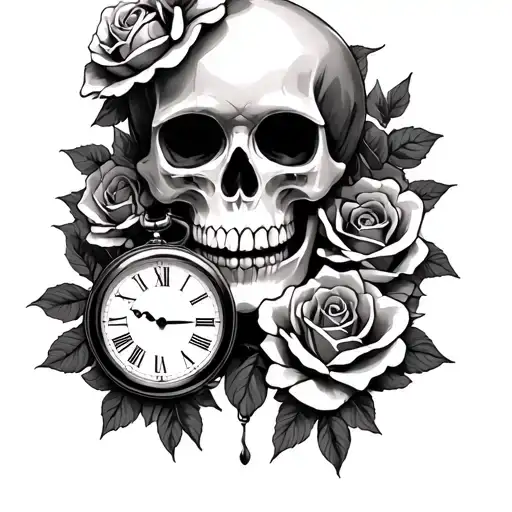 Skull And Roses With Clock And La Catrina Holding