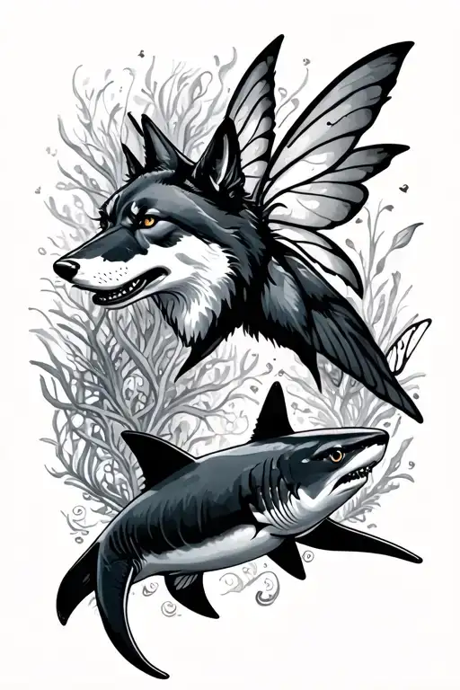 A Black Reef Shark And A Wolf And A Fairy