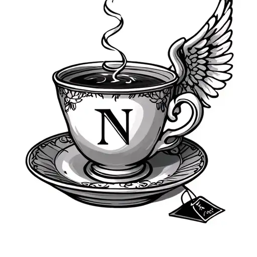 Small Simple Tea Cup With Tea Bag Angel And Initials N
