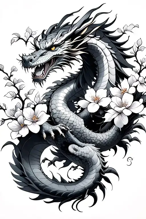 A Japanese Dragon Flying With Sakura Flowers Behind It