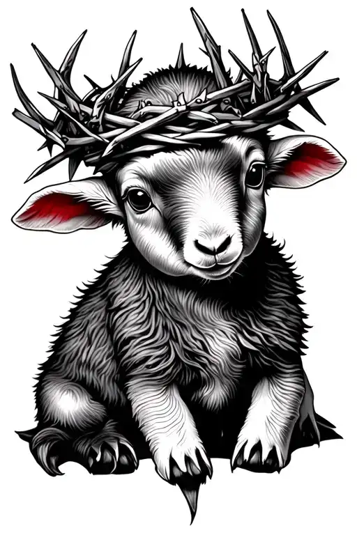 A Detailed Blackwork Tattoo Of A Baby Lamb Wearing A Crown Of Thorns