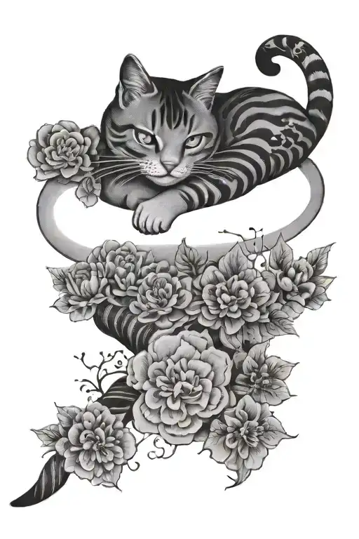 The Cat Lies Belly Up With Japanese Flowers Around Him