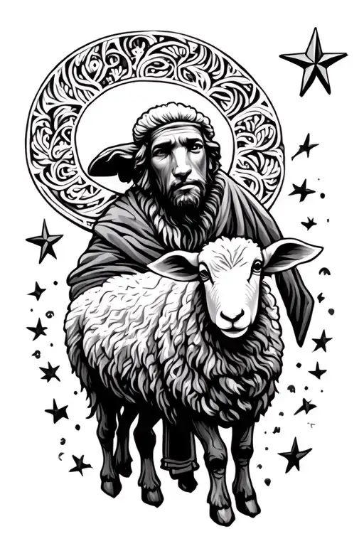 Shepherd With Sheep And Star Above