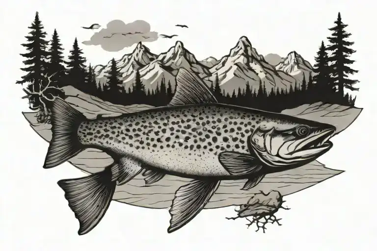 A Mountain Landscape Inside The Outline Of A Brown Trout