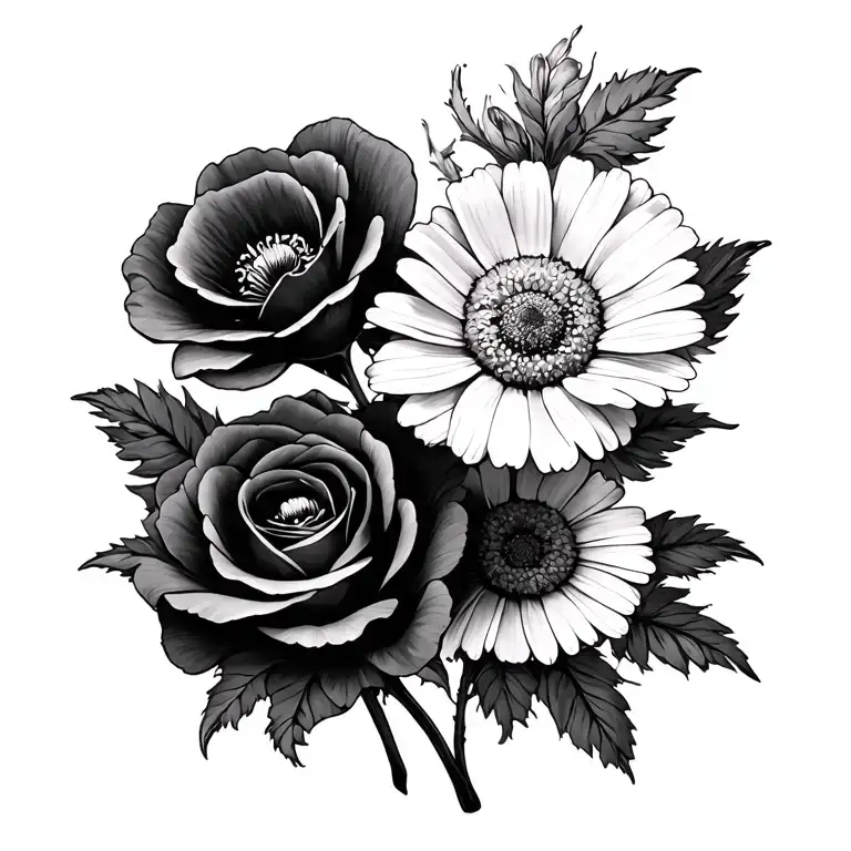 Poppy And Rose And Daisy Flower