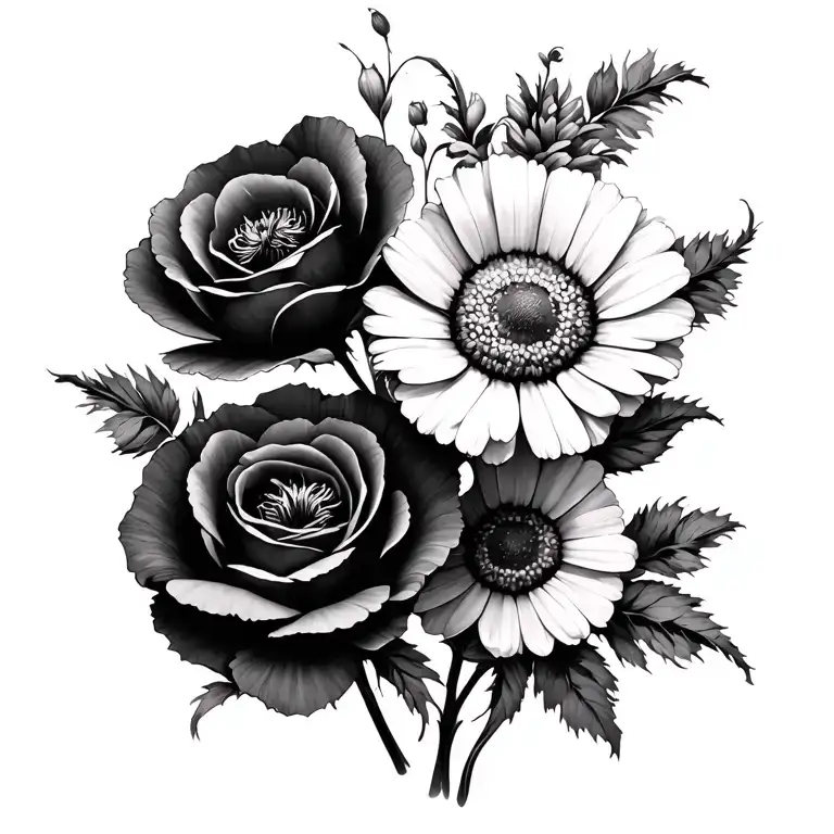 Poppy And Rose And Daisy Flower