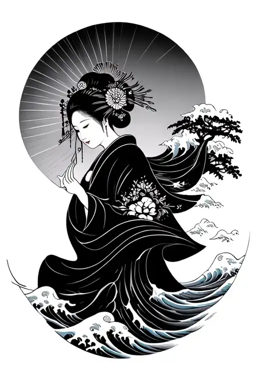 Japanese Geisha Rising Sun Waves Crashing