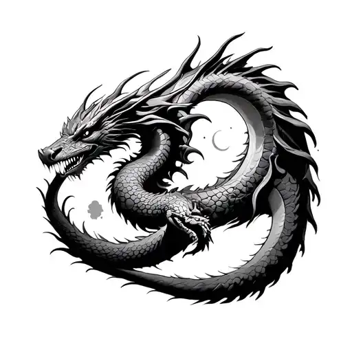 2 Dragons Going Up Tails Intertwined Moon In Front Of Them