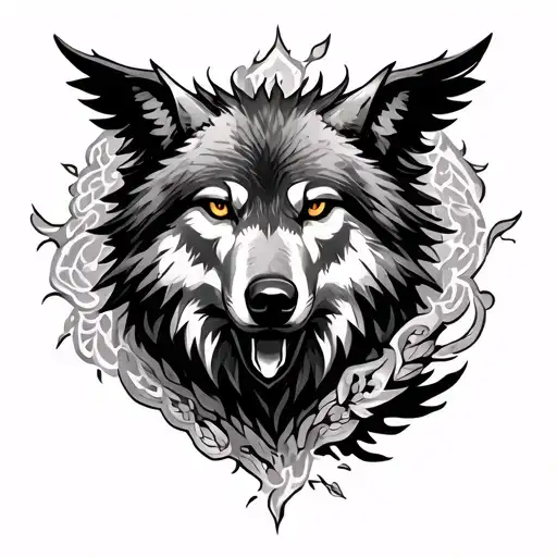 Wolf Head With Pheonix Rising From The Ashes Surrounded By Lace