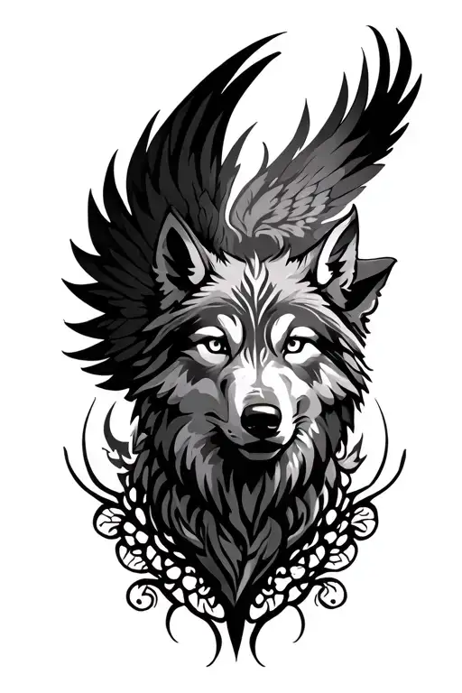 Tribal Wolf Head Than Becomes Pheonix Rising From The Ashes Surrounded By Lace