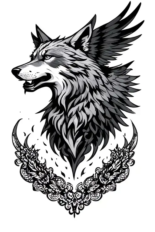 Tribal Wolf Head Above A Pheonix Rising From The Ashes Surrounded By Lace