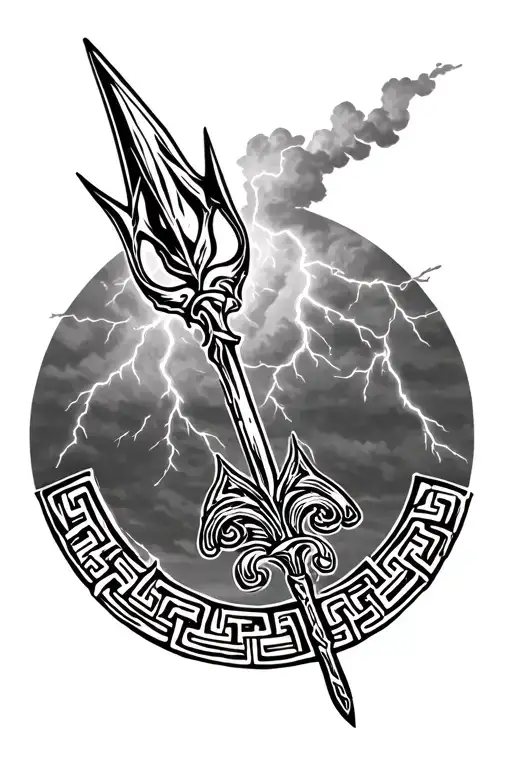 Greek Key Pattern Surrounding A Trident Spear With Lightning In The Sky Full Arm Sleeve