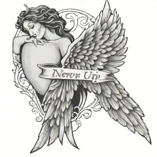 Angel Wings Without A Person With Crown And The Words Never Give Up