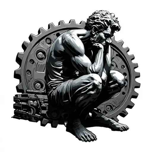 The Thinker Statue With Gears In The Background