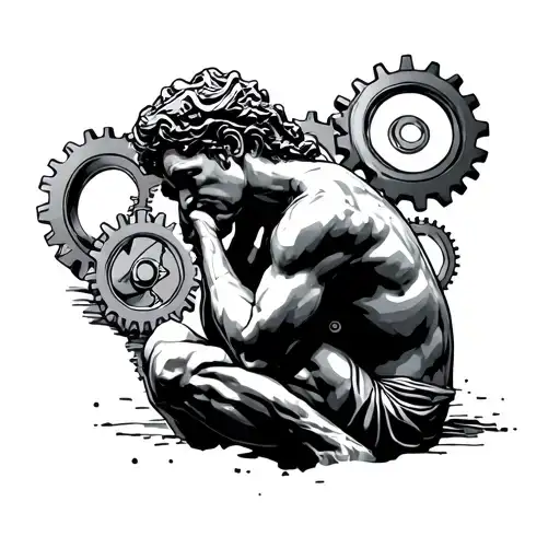 The Thinker Statue In Profile With Gears In The Background