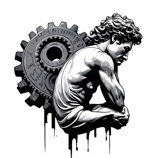 The Thinker Statue In Profile With Gears In The Background