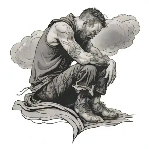 Man Knealing In Prayer Looking Up At A Gloomy Sky Filled