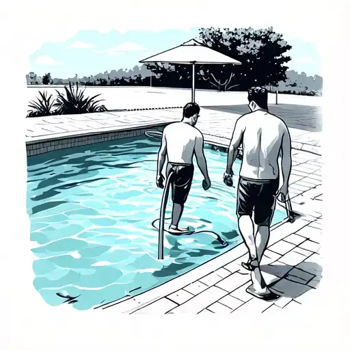 Cleaning A Swimming Pool With Dad Walking Away