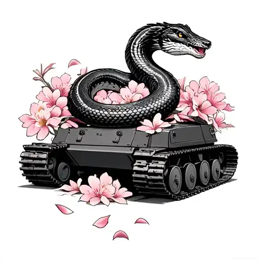A Royal Cobra On A Tracked On A Catana With Sakura Cherry Petals Around