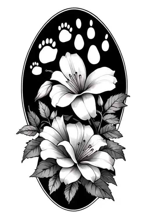 Lilly Flowers With Roses Growing And Dog Paw Print