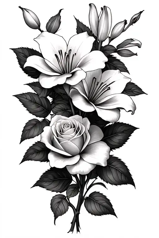 Lilly Flowers With Roses Growing Together