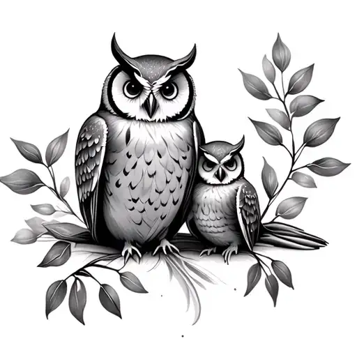 Mother And Baby Owl Sitting
