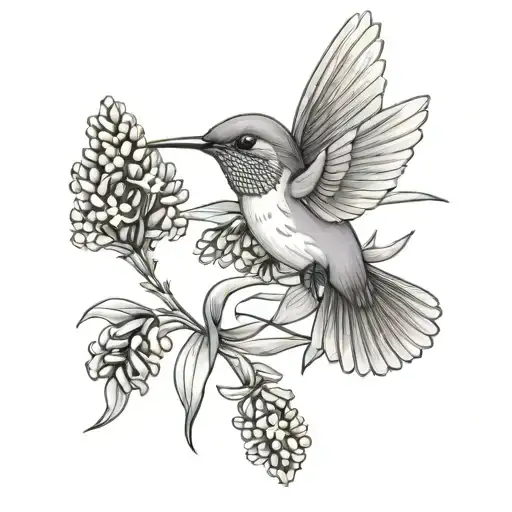 Bunch Of Lavender With A Hummingbird Hovering