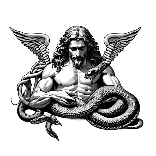 Asclepius God With Stuff With Snake With Background Of Human Anatomy