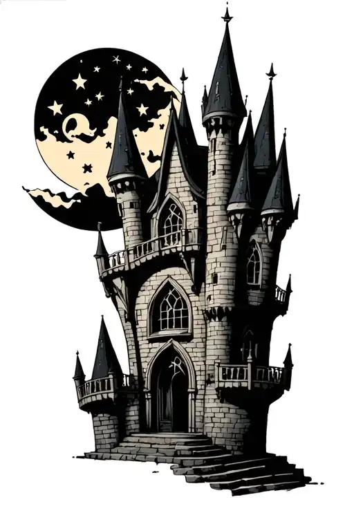 Dark Fantasy Castle With Big Windows And Bars Cresent Moon Stars