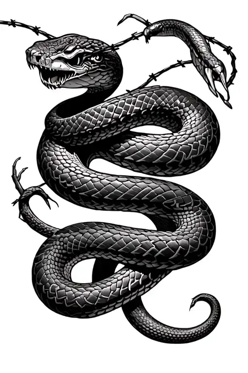 Barb Wire And Snake Intertwine Along The Entire Length