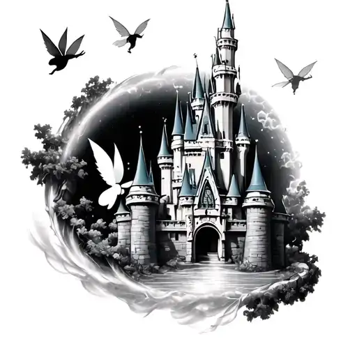 Disney Castle With Tinkerbell Flying Around It