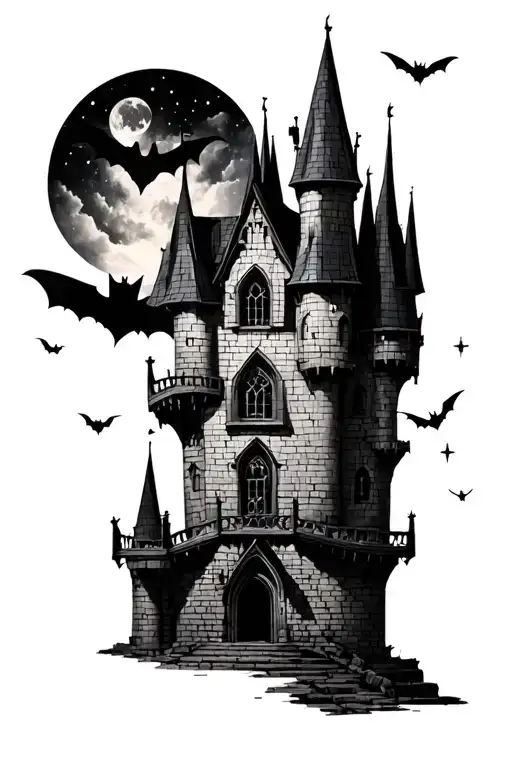 Dark Fantasy Castle With Big Windows And Bats Cresent Moon Stars