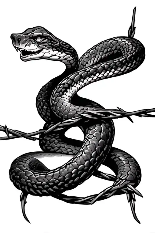 Western Barb Wire And Fine Line Snake Intertwine Along The Entire Length