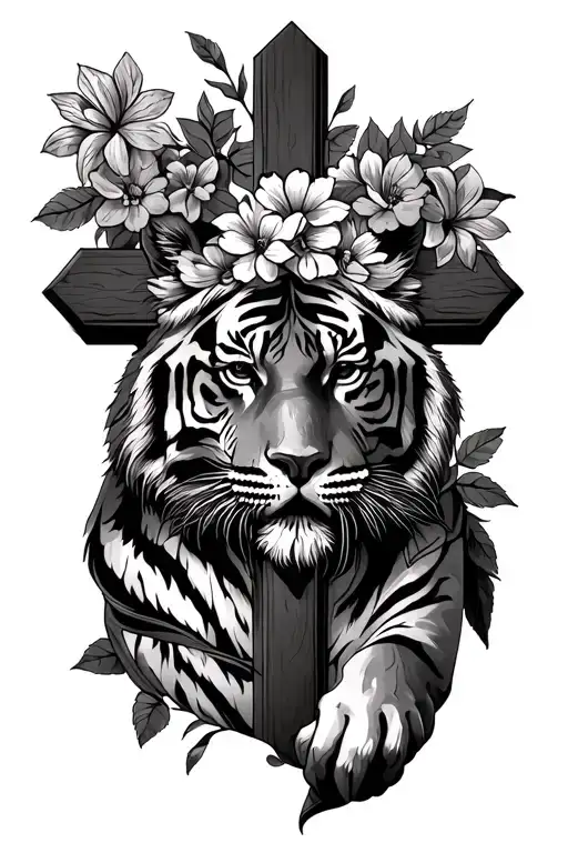 No Colored Cross With Flowers And Jesus Face With A Tigers Body Wrapping Around It