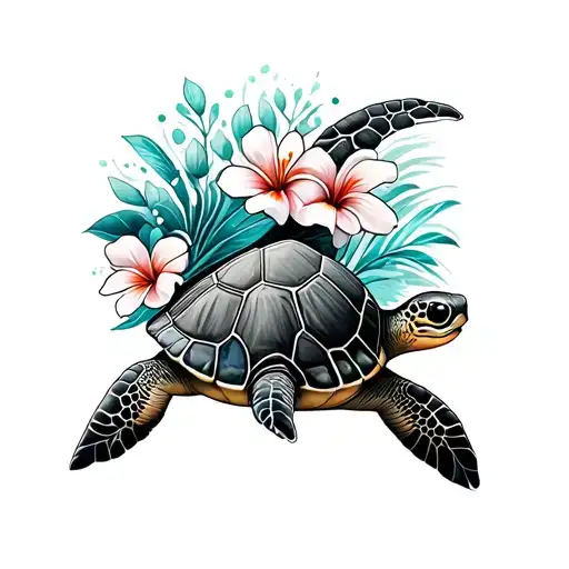 Sea Turtle With A Wave And Hawaiian Flowers