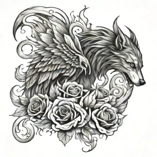 Flaming Wolf With Phoenix Wings Roses Intertwined