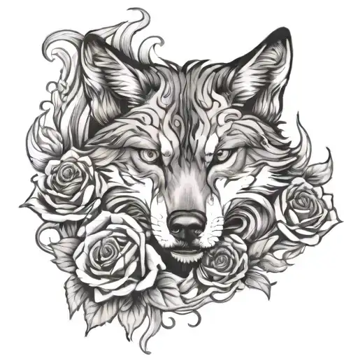 Flaming Wolf With Phoebix Amd Roses Intertwined
