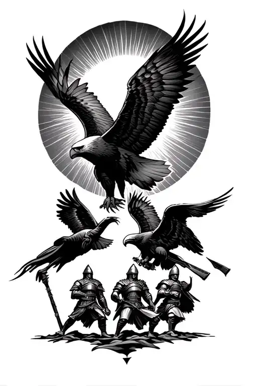 Spartan Warriors And Eagle Flying Towards The Sun